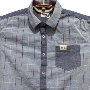 7 Diamonds Men Short Sleeve Button Up Shirt Size M Blue Red Plaid 100% Cotton